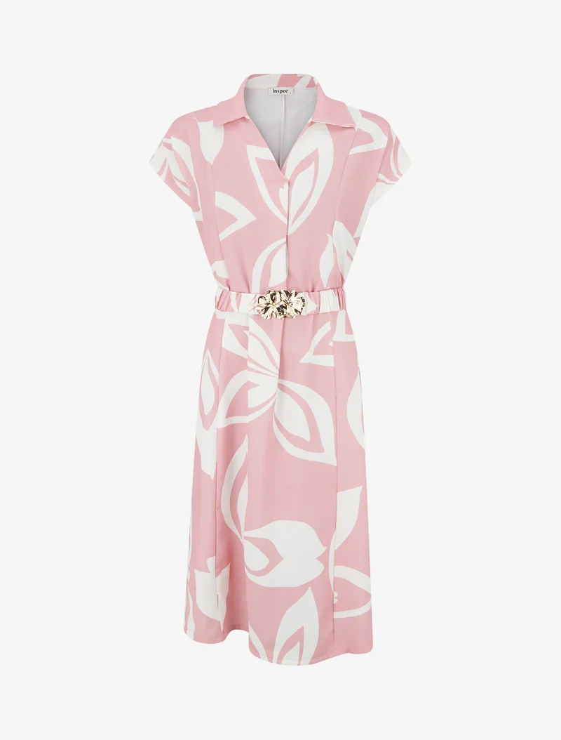 Gerades Kleid mit Gürtel - Rose