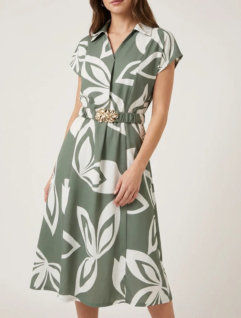 Gerades Kleid mit Gürtel - Kaki