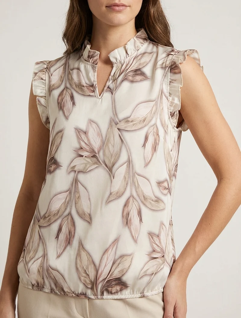 Top aus satin mit blätterdruck - Beige