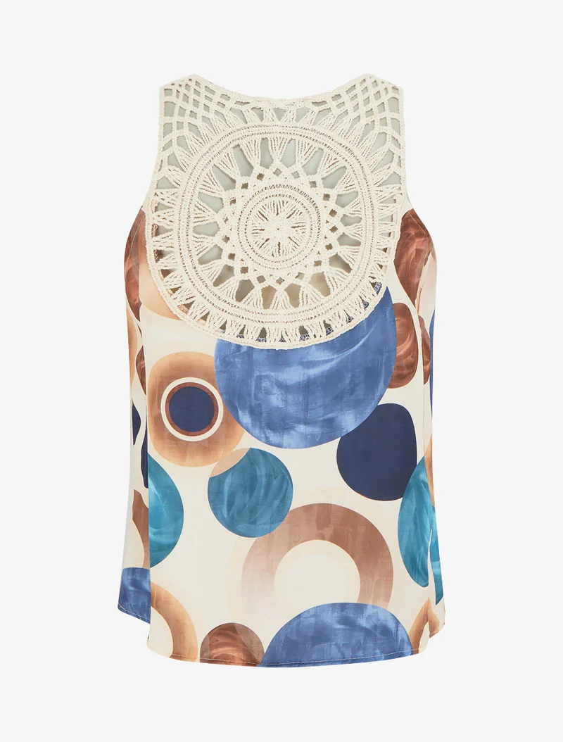 Grafisches Print-Top mit Häkeleinsatz - Dunkelblau