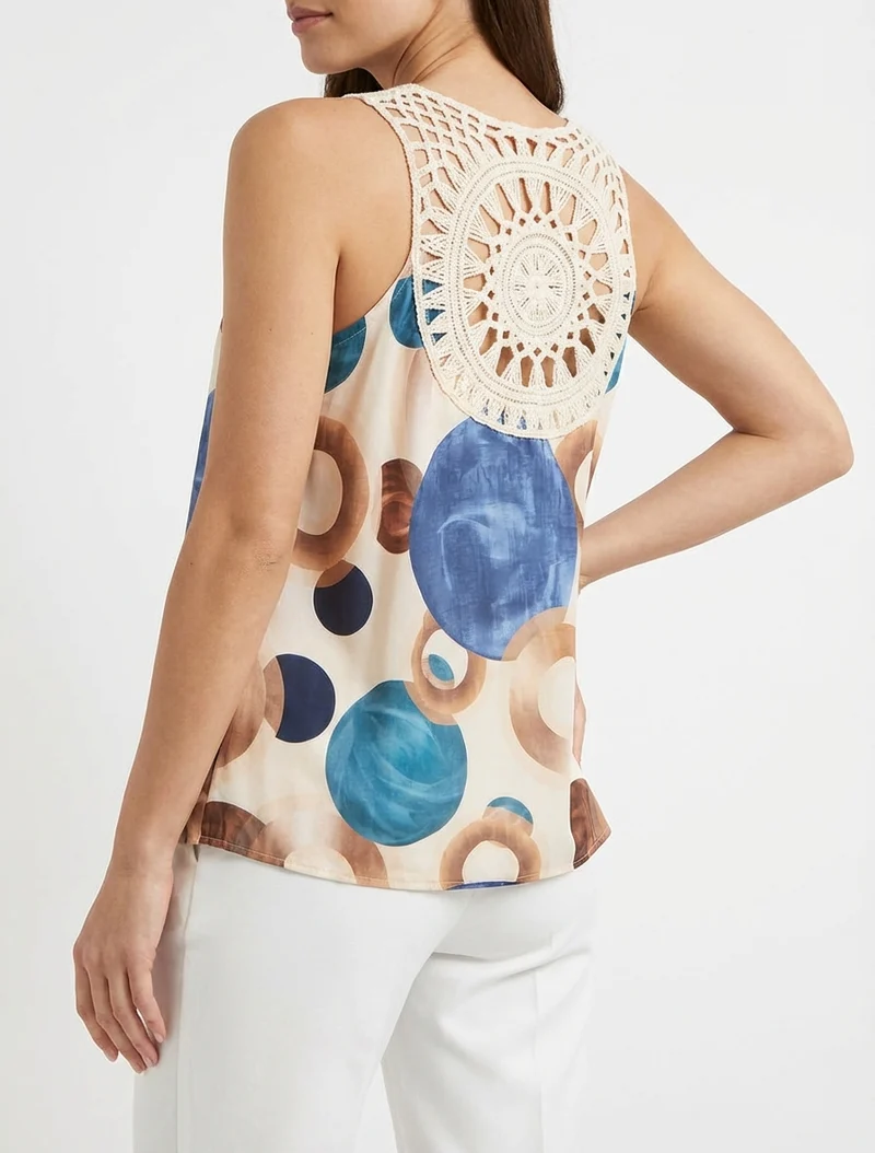 Grafisches Print-Top mit Häkeleinsatz - Dunkelblau