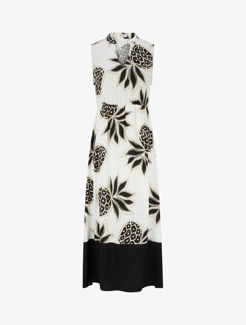 Langes, ausgestelltes Kleid mit Ananas-Print - Schwarz