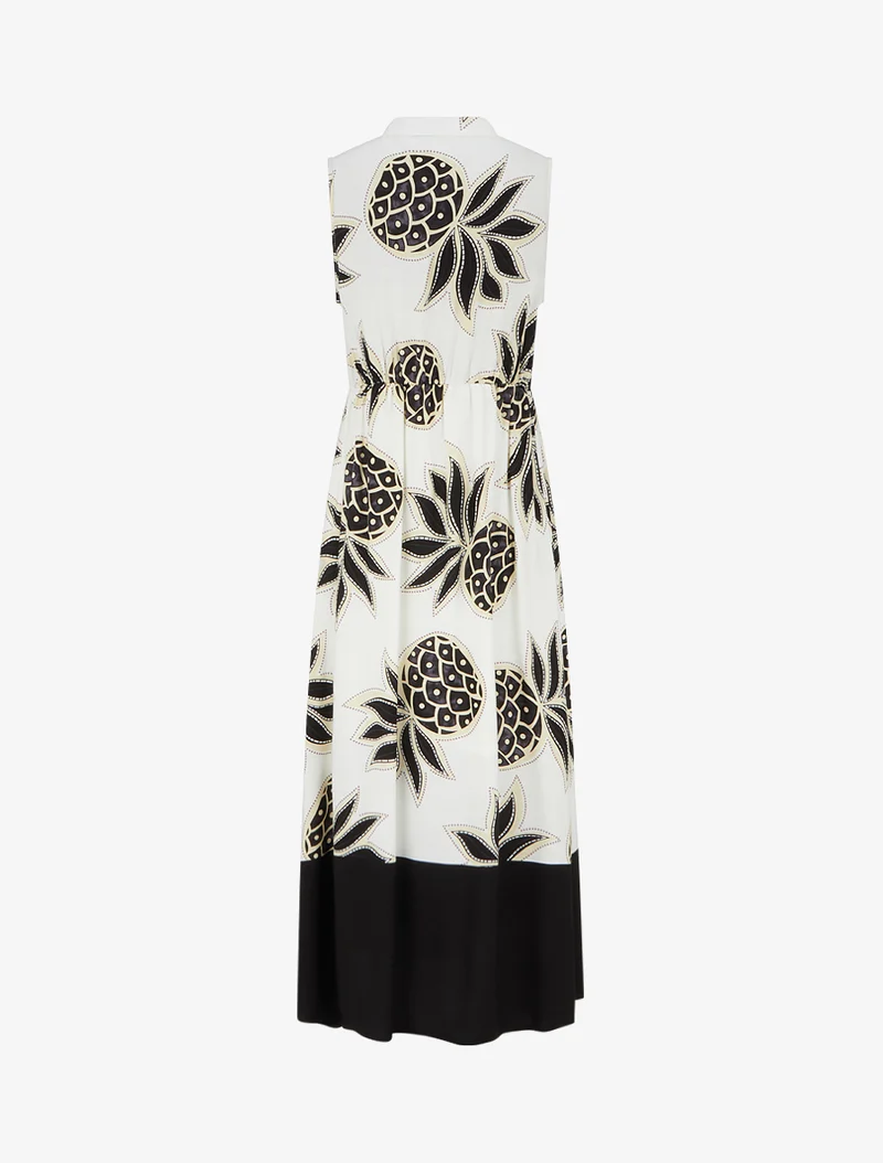 Langes, ausgestelltes Kleid mit Ananas-Print - Schwarz
