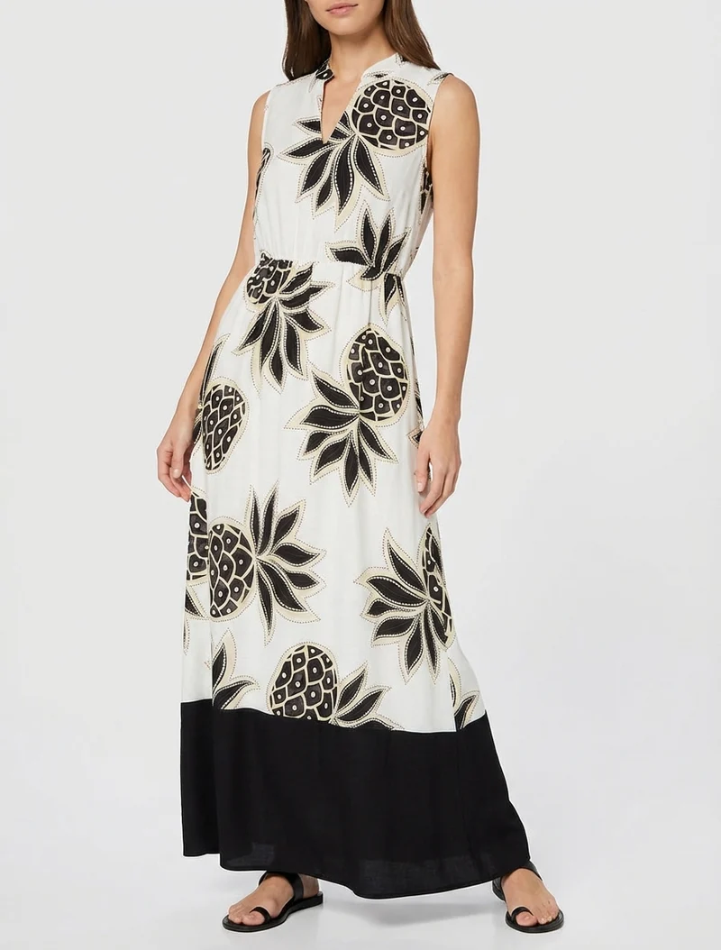 Langes, ausgestelltes Kleid mit Ananas-Print - Schwarz