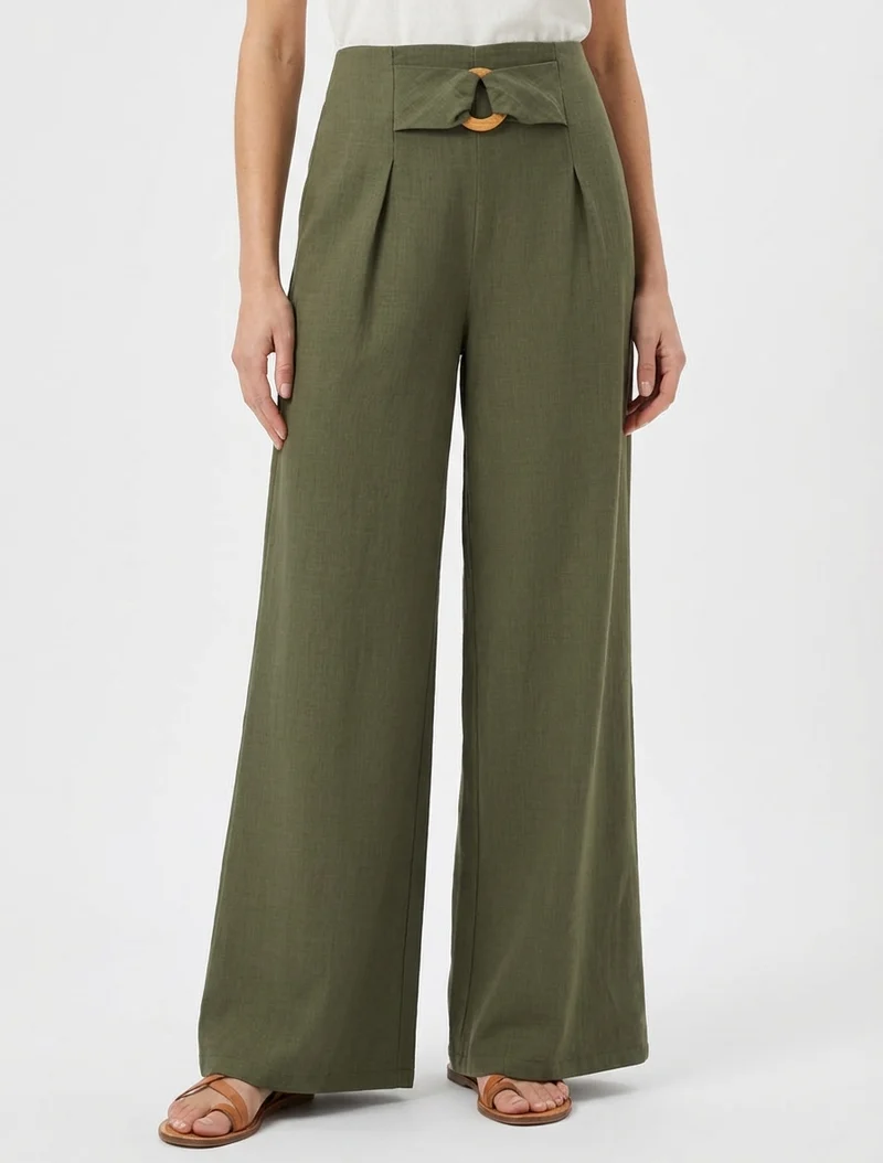 Weit geschnittene Hose mit hohem Bund und Zierschnalle - Kaki