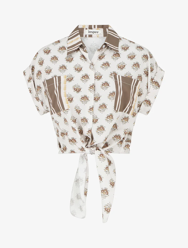 Kurz geschnittene Blumenprint-Bindebluse - Braun