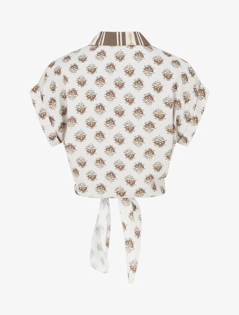 Kurz geschnittene Blumenprint-Bindebluse - Braun