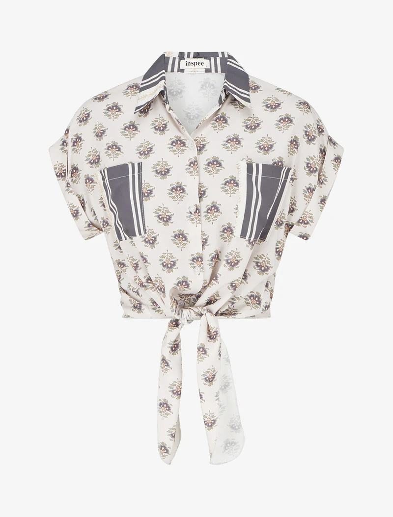 Kurz geschnittene Blumenprint-Bindebluse - Dunkelgrau