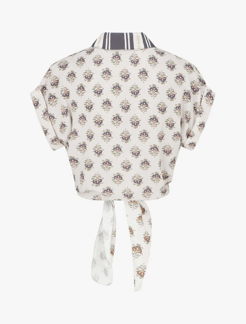 Kurz geschnittene Blumenprint-Bindebluse - Dunkelgrau