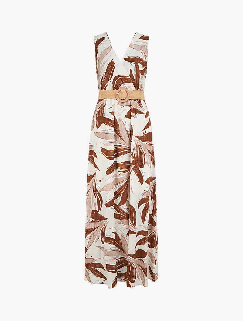 Ärmelloses, ausgestelltes langes Kleid mit fantasievollem Druck - Braun