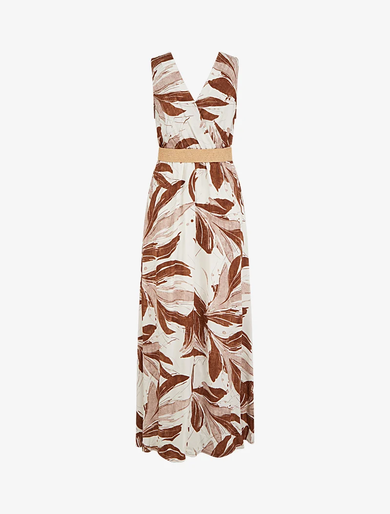 Ärmelloses, ausgestelltes langes Kleid mit fantasievollem Druck - Braun
