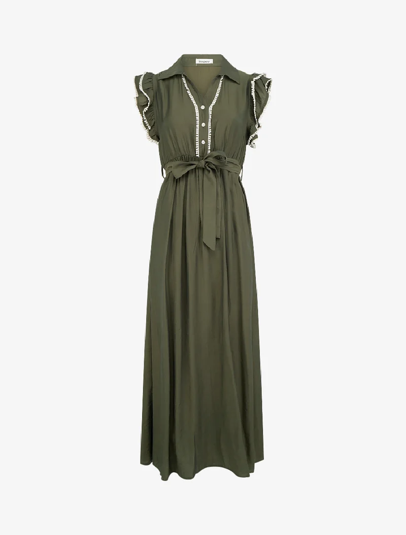 Langes Kleid mit Flügelärmeln aus Häkelspitze - Kaki