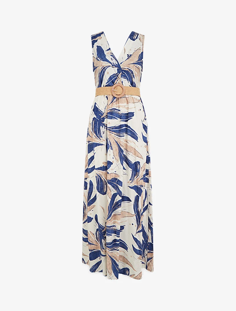Ärmelloses, ausgestelltes langes Kleid mit fantasievollem Druck - Blau
