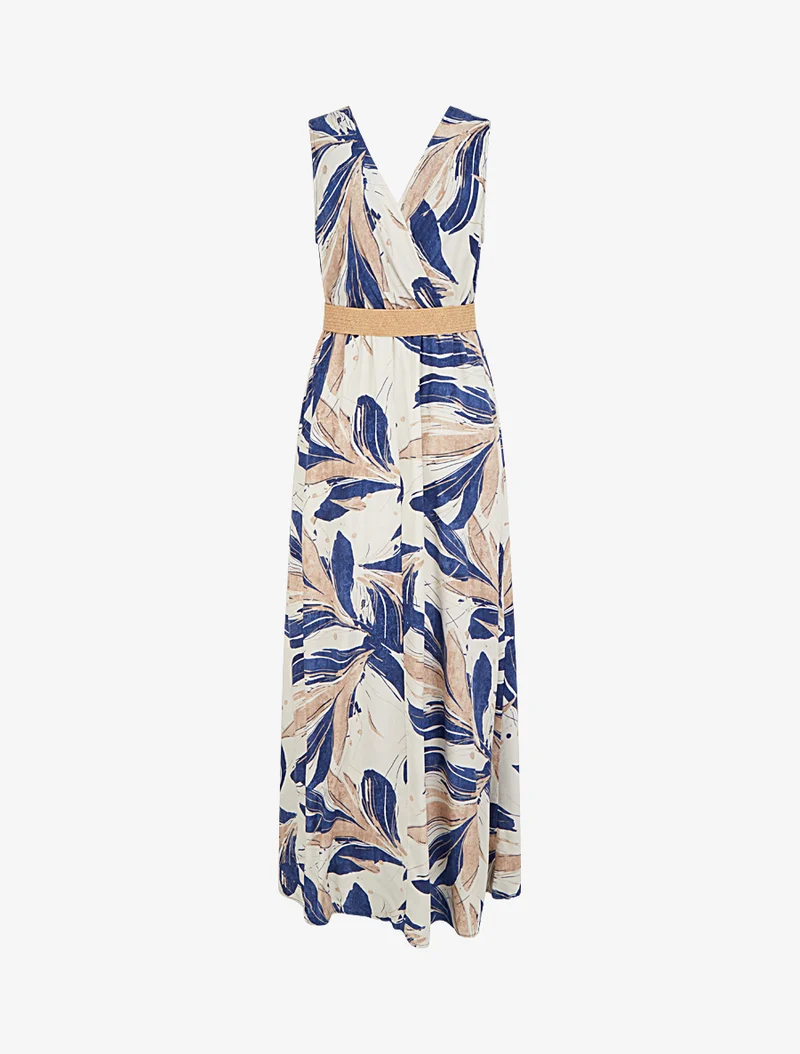 Ärmelloses, ausgestelltes langes Kleid mit fantasievollem Druck - Blau