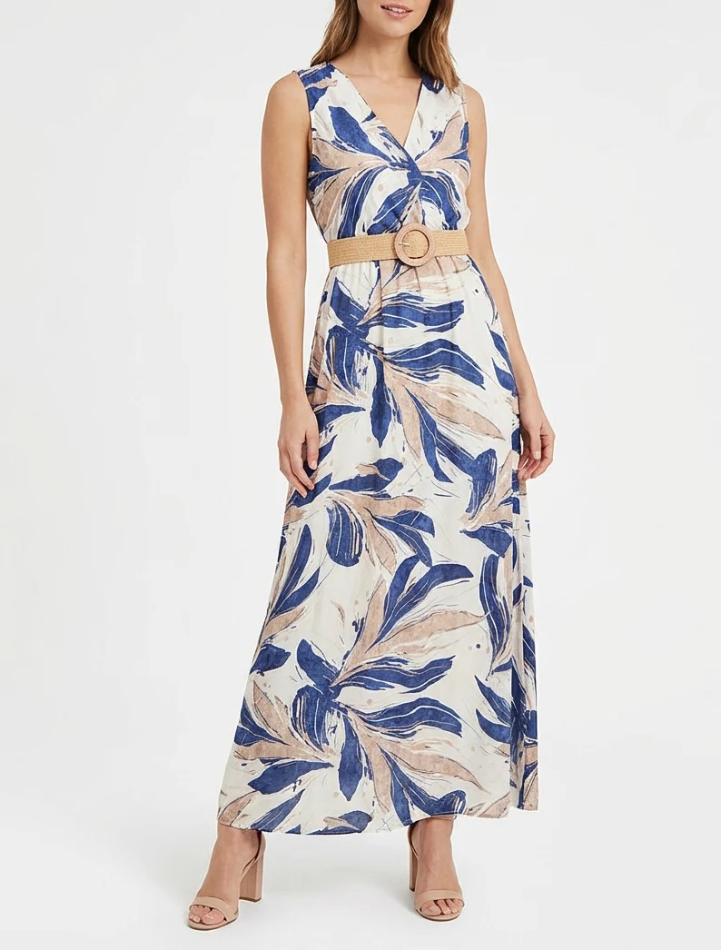 Ärmelloses, ausgestelltes langes Kleid mit fantasievollem Druck - Blau