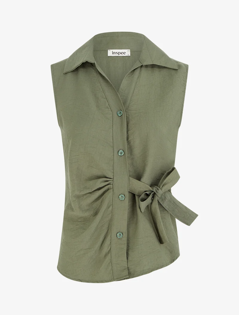 Ärmellose Bluse mit Drapierungseffekt - Kaki