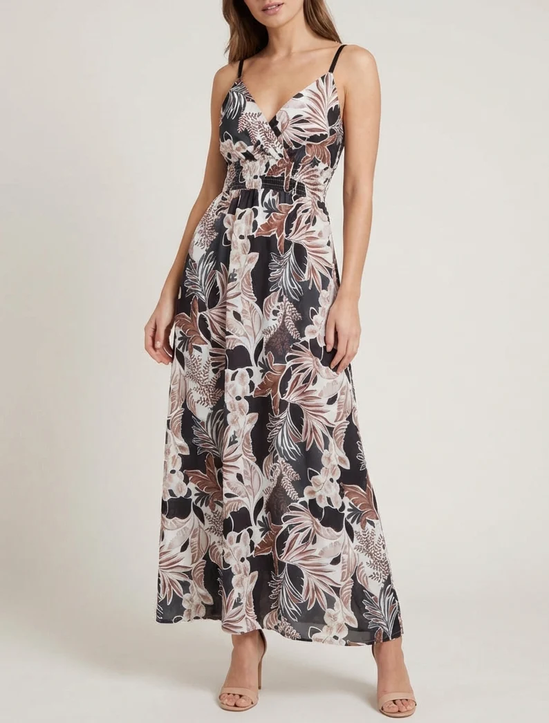 Langes Kleid mit schmalen Trägern und Blattdruck - Schwarz