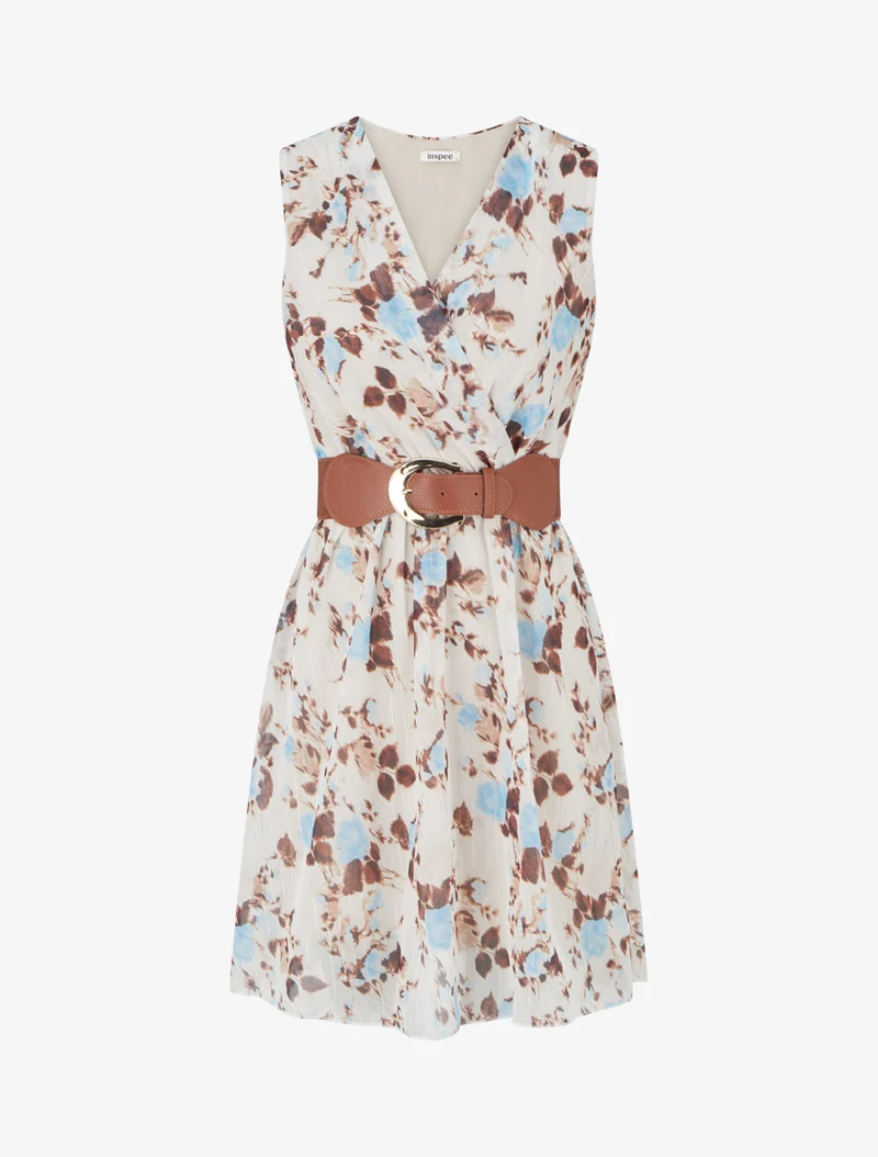Kleid mit irisierendem Streifen- und Blumenmuster - Himmelblau