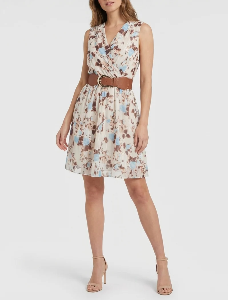 Kleid mit irisierendem Streifen- und Blumenmuster - Himmelblau