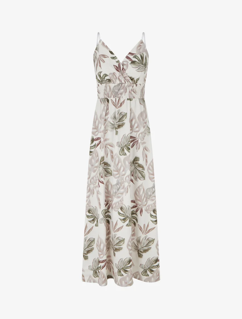 Langes Kleid mit schmalen Trägern und tropischem Print - Beige