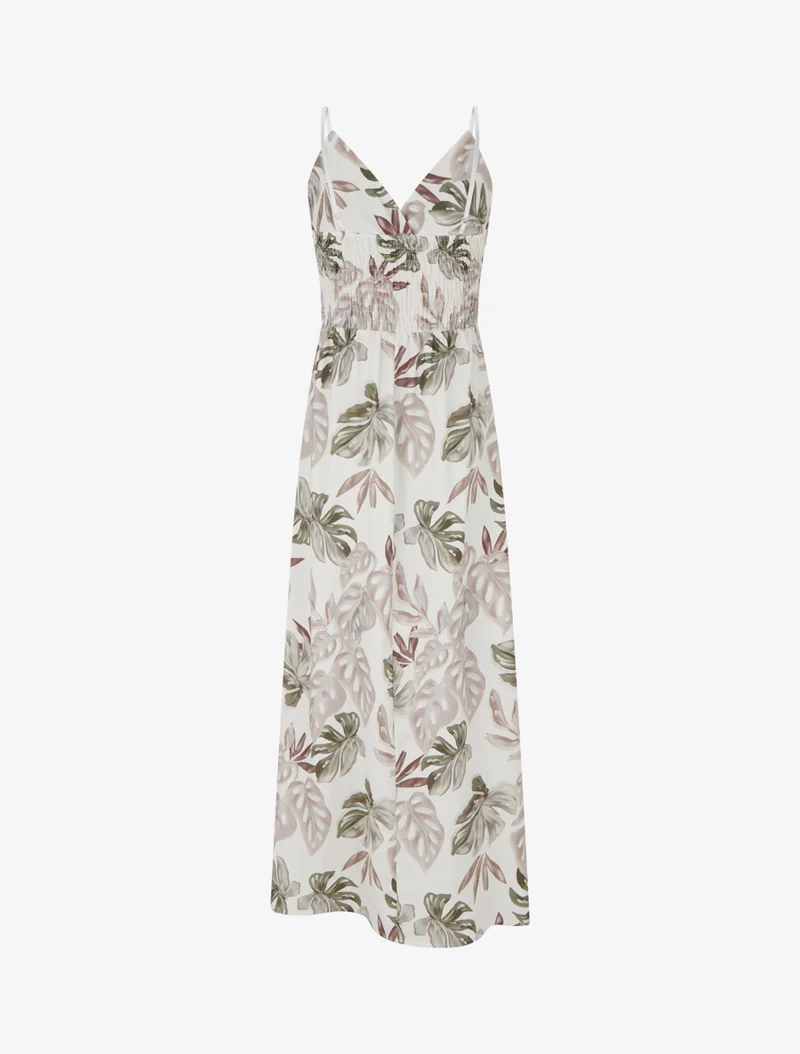 Langes Kleid mit schmalen Trägern und tropischem Print - Beige