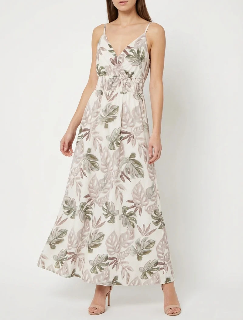 Langes Kleid mit schmalen Trägern und tropischem Print - Beige