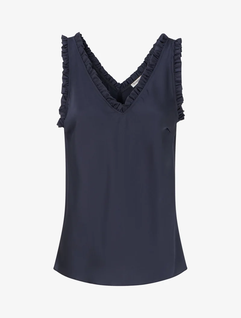 Ärmelloses Satin-Top mit Rüschenkragen - Marine
