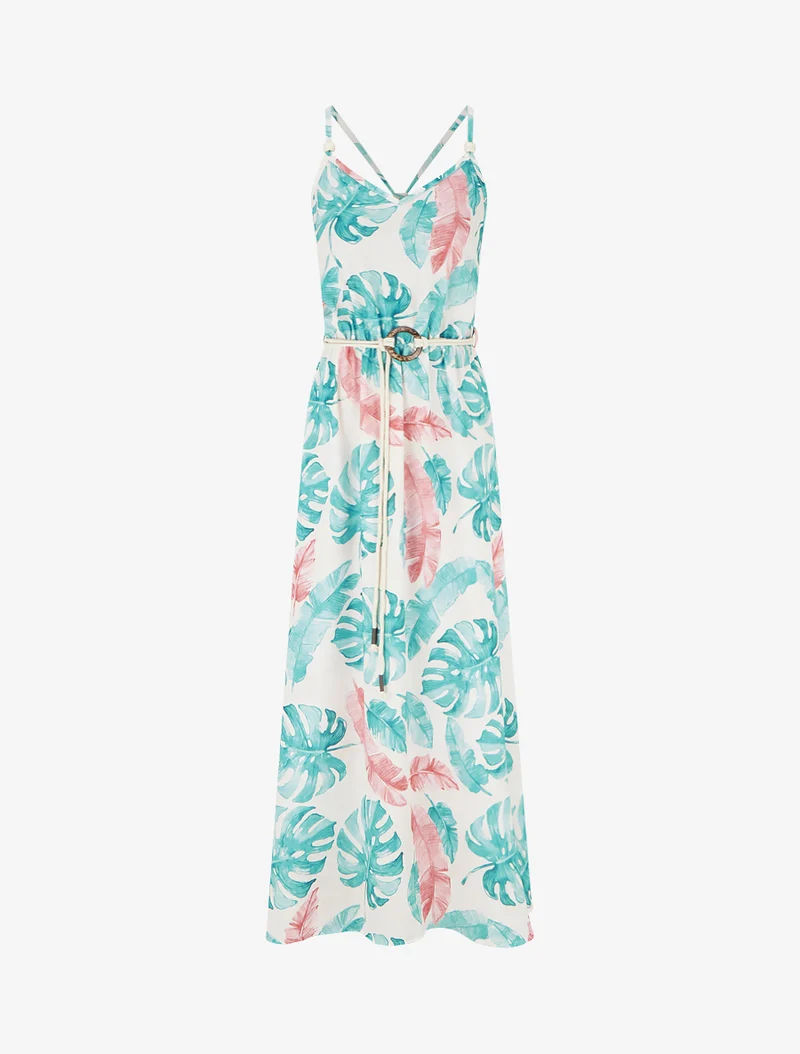 Langes Kleid mit Blattdruck und elastischer Taille - Türkis