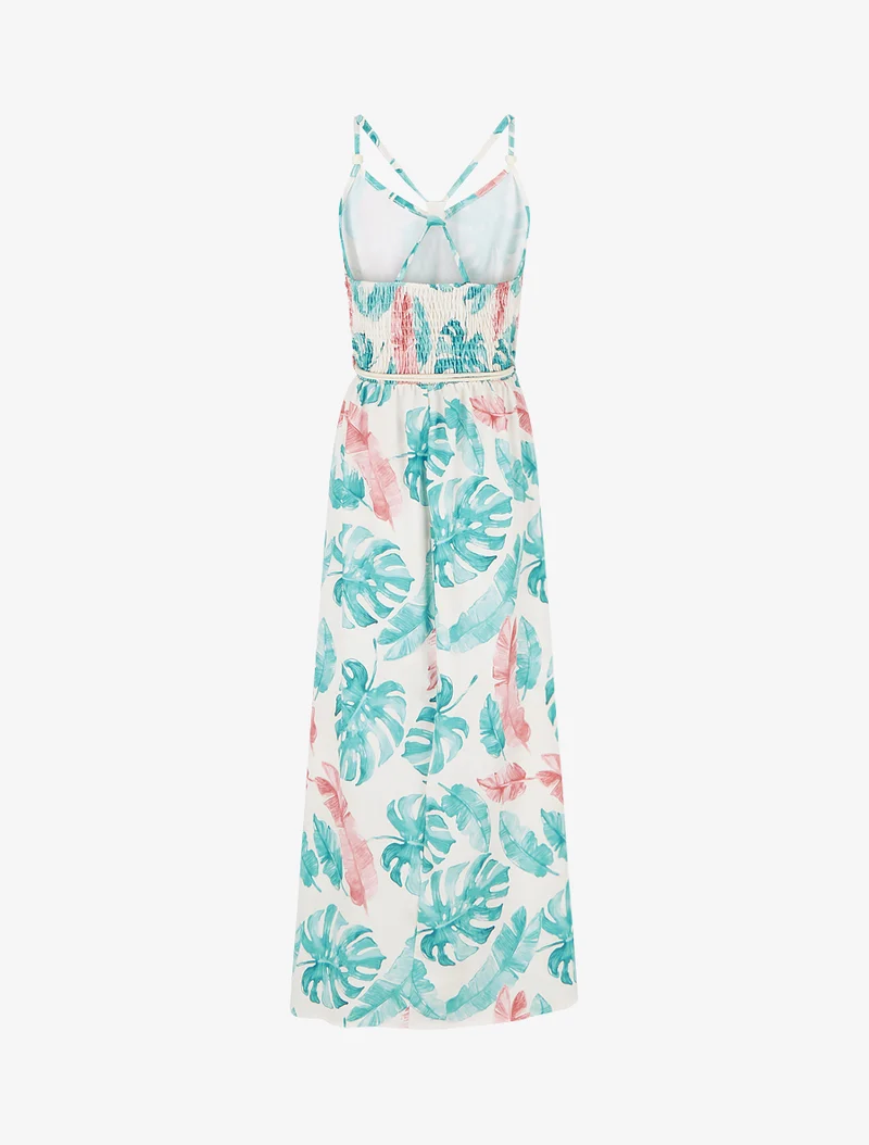 Langes Kleid mit Blattdruck und elastischer Taille - Türkis
