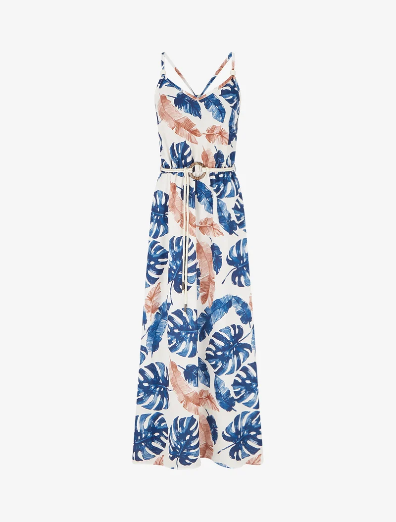 Langes Kleid mit Blattdruck und elastischer Taille - Marine