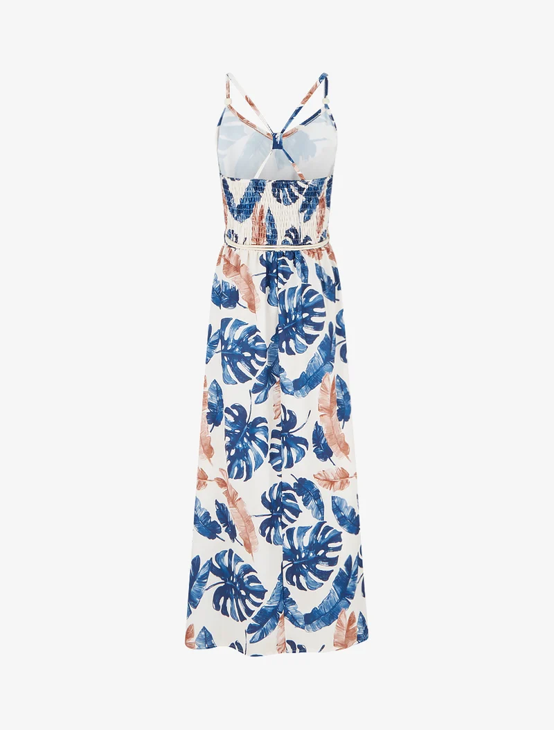 Langes Kleid mit Blattdruck und elastischer Taille - Marine