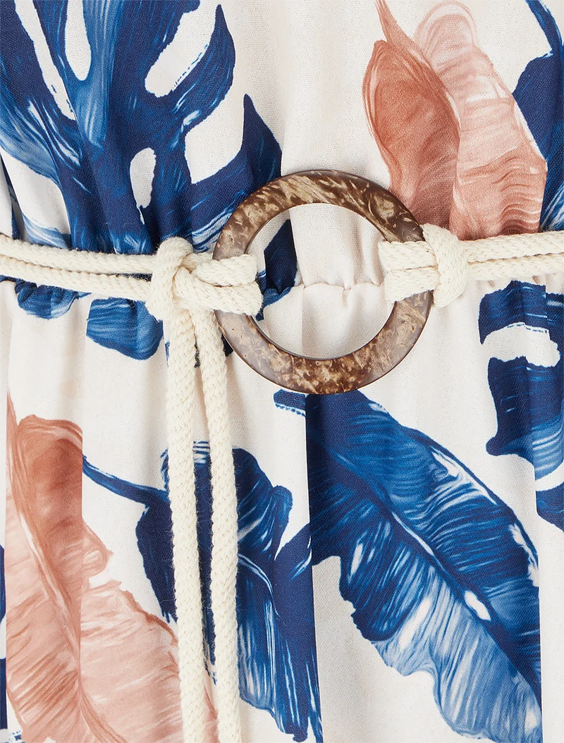 Langes Kleid mit Blattdruck und elastischer Taille - Marine