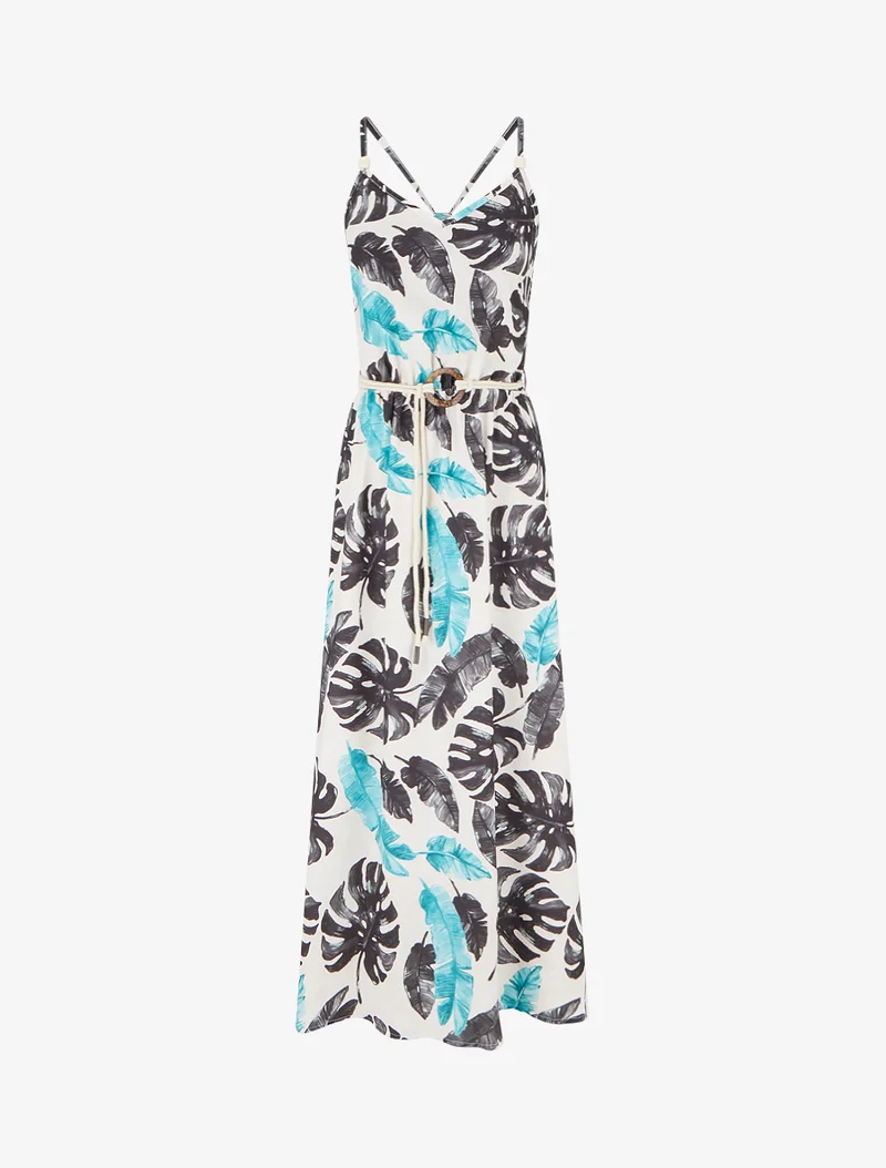 Langes Kleid mit Blattdruck und elastischer Taille - Schwarz
