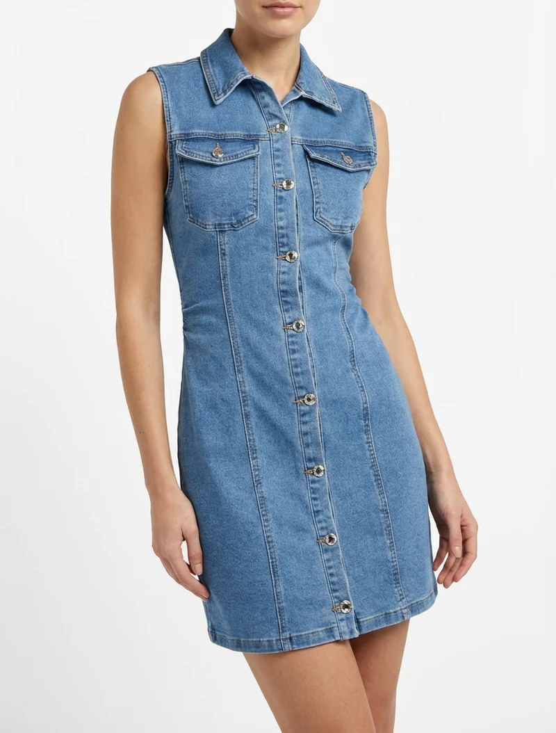Ärmelloses, figurbetontes Jeanskleid - Blau