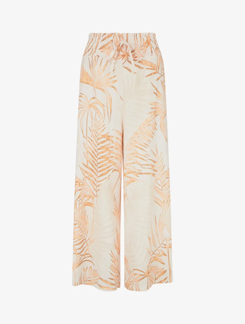 Blattbedruckte Hose mit elastischem Bund - Beige