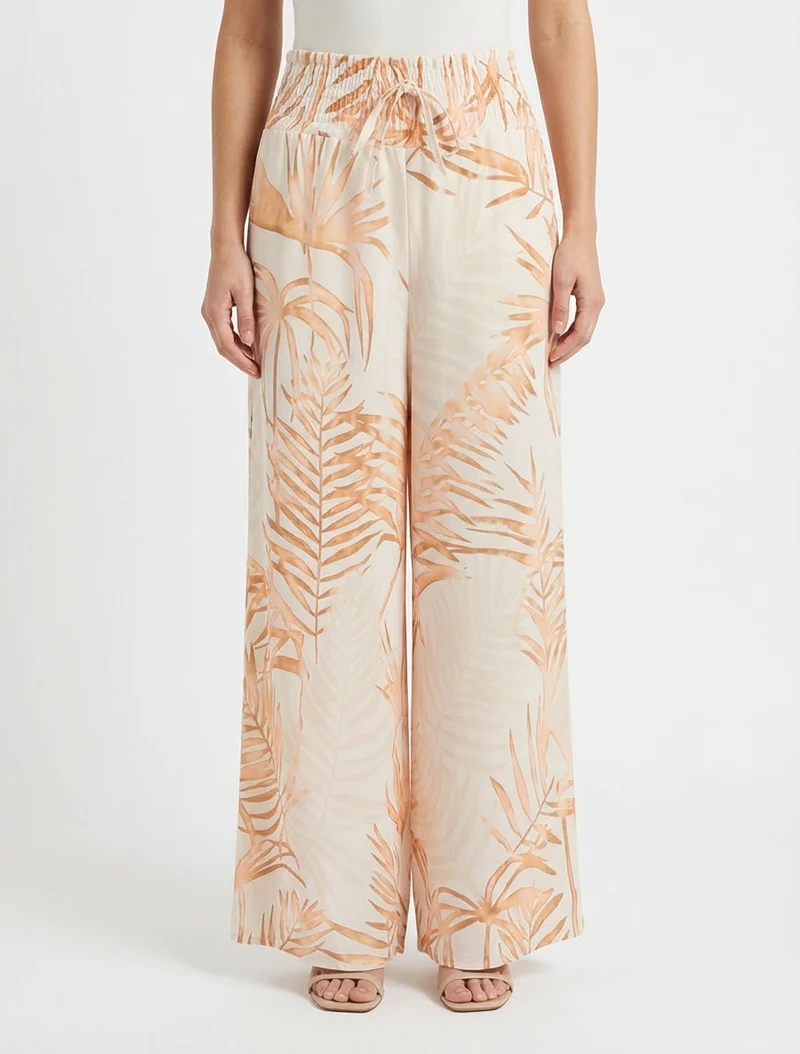 Blattbedruckte Hose mit elastischem Bund - Beige