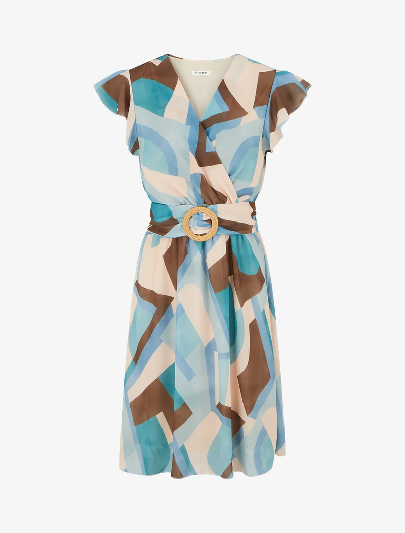 Wickelkleid mit Retro-Print - Entenblau