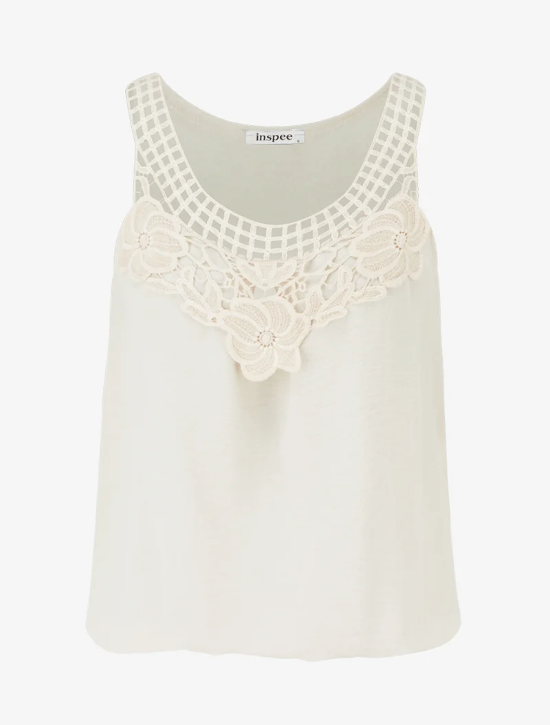 Ärmelloses Top mit Spitze und Häkelarbeit - Beige