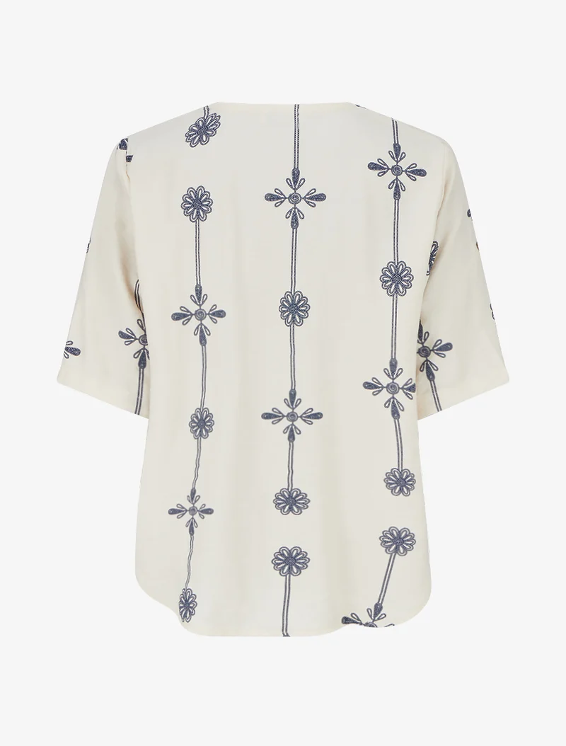 Weit geschnittenes Oberteil mit kurzen Ärmeln und Blumenmuster - Beige