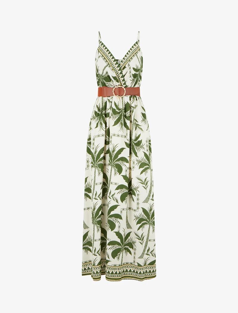 Langes Kleid mit Palmenmuster - Kaki