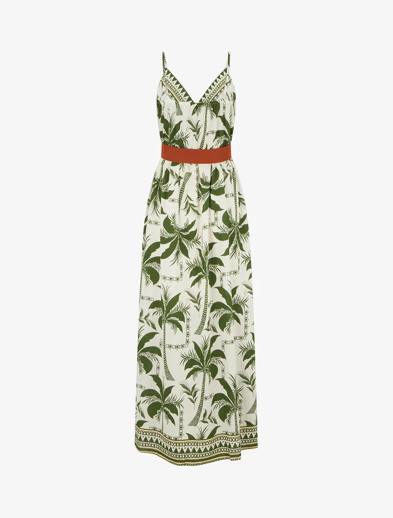 Langes Kleid mit Palmenmuster - Kaki