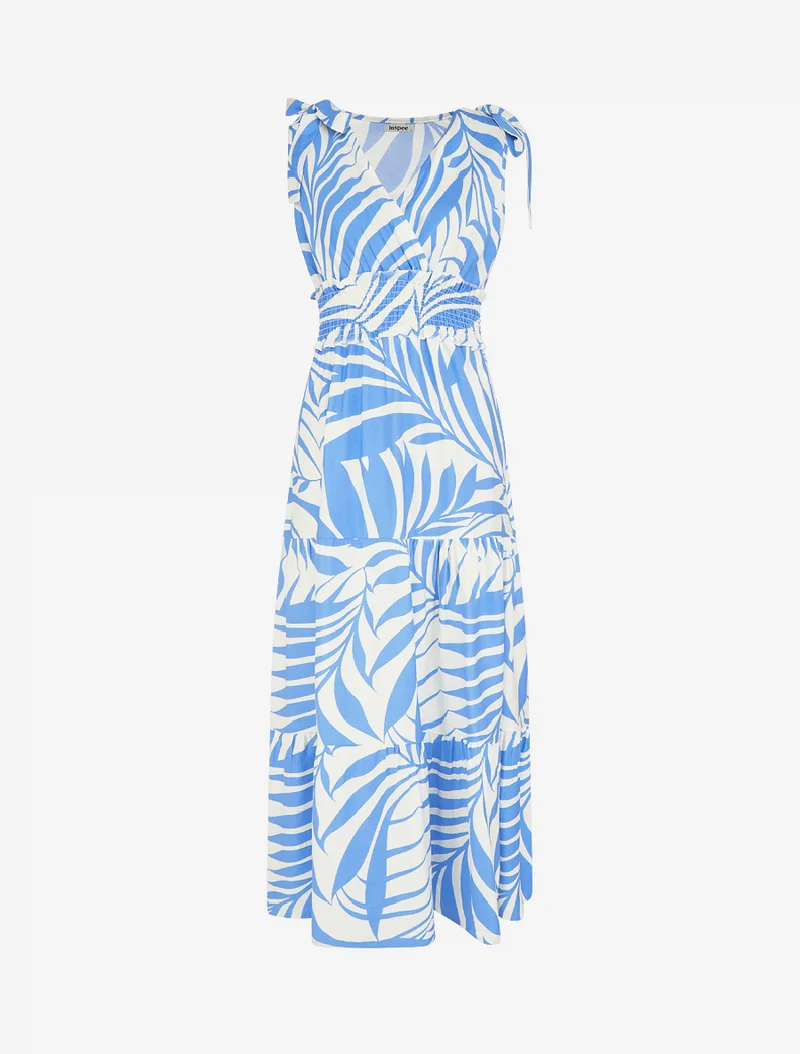 Kleid mit Blätterdruck und Knotenträgern - Himmelblau