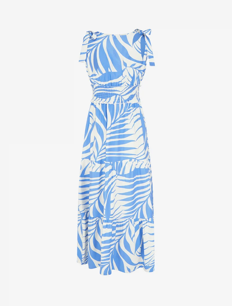 Kleid mit Blätterdruck und Knotenträgern - Himmelblau