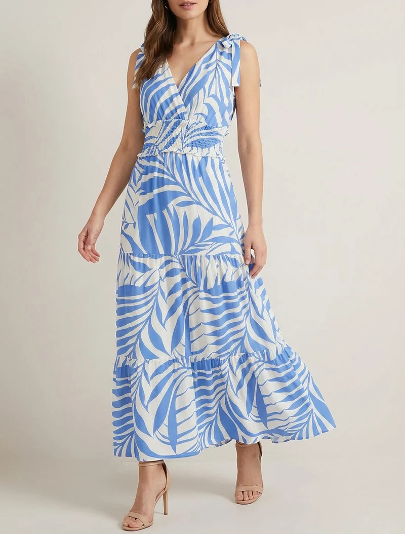 Kleid mit Blätterdruck und Knotenträgern - Himmelblau
