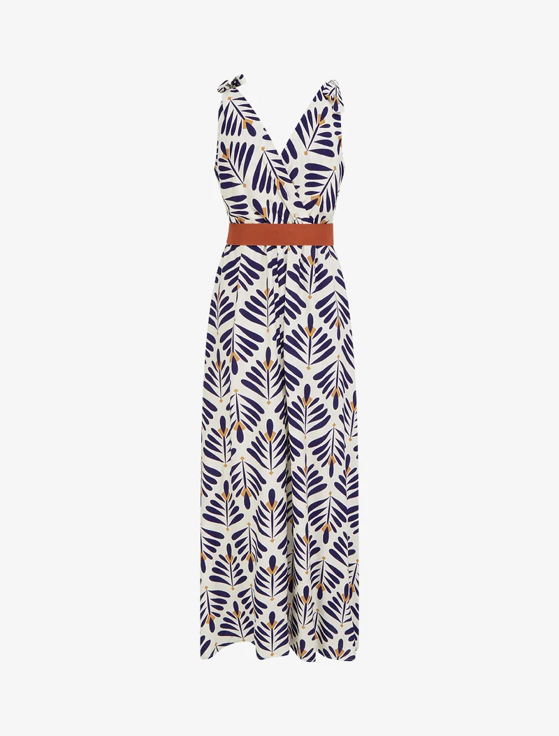 Grafisches bedrucktes Kleid mit Bindeträgern - Marine