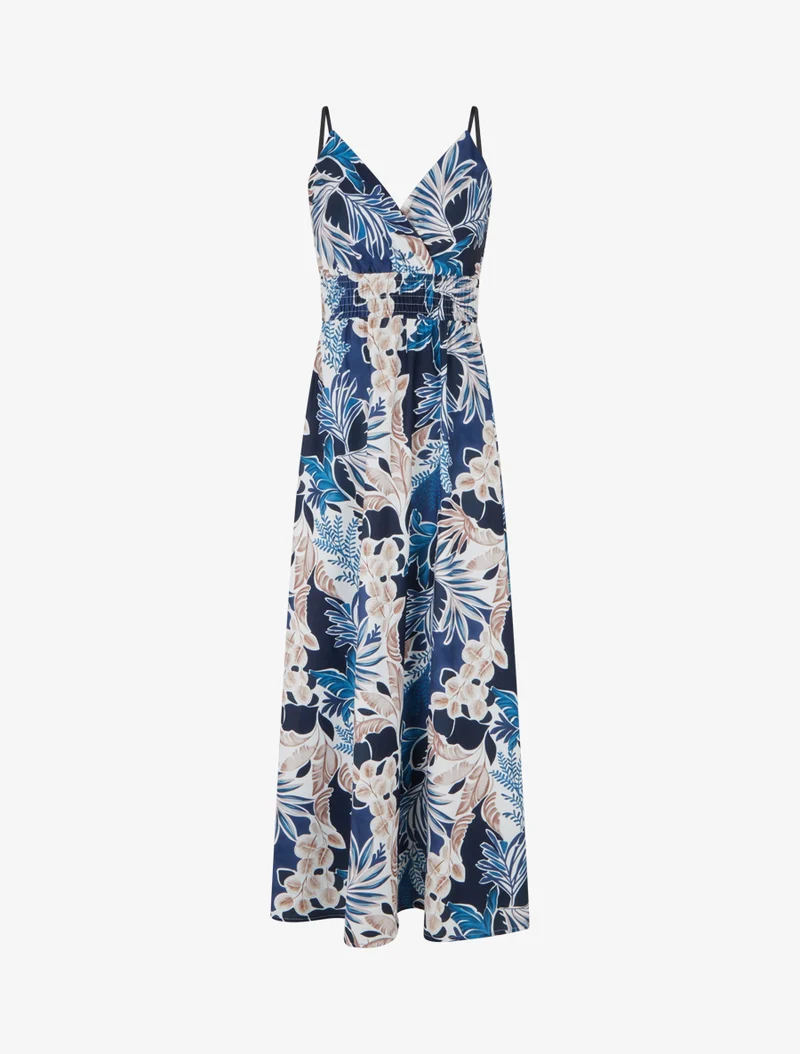 Langes Kleid mit schmalen Trägern und Blattdruck - Marine