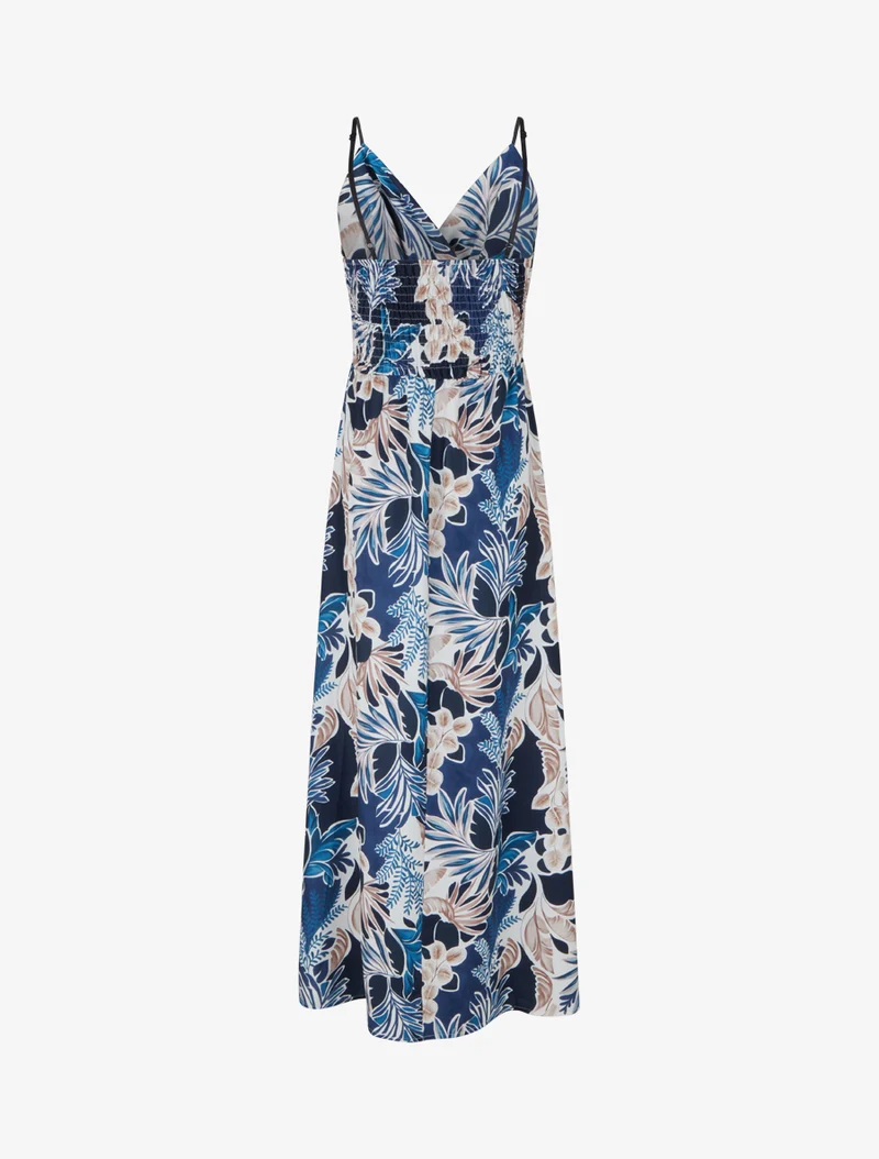 Langes Kleid mit schmalen Trägern und Blattdruck - Marine