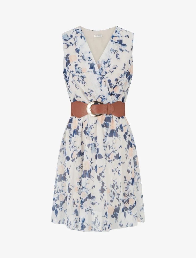 Kleid mit irisierendem Streifen- und Blumenmuster - Marine