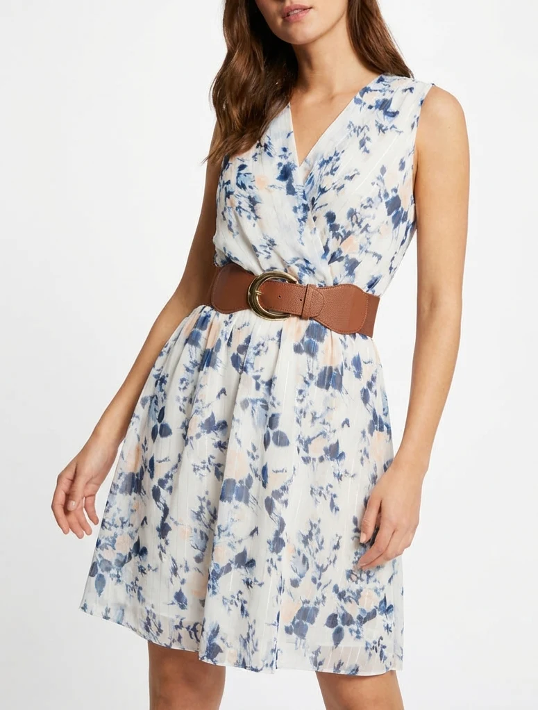 Kleid mit irisierendem Streifen- und Blumenmuster - Marine