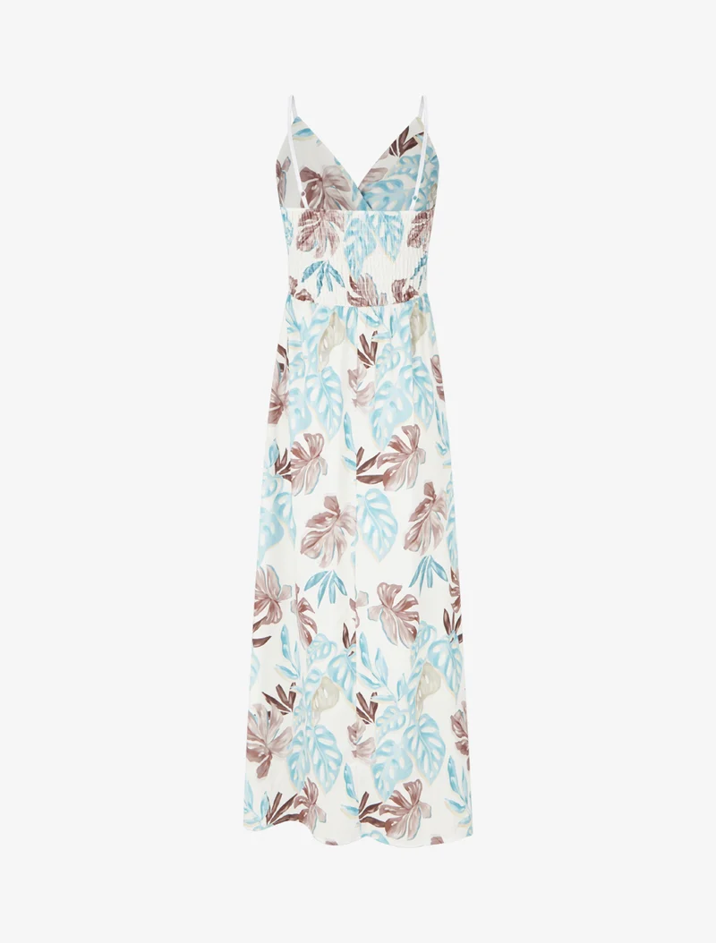 Langes Kleid mit schmalen Trägern und tropischem Print - Hellblau